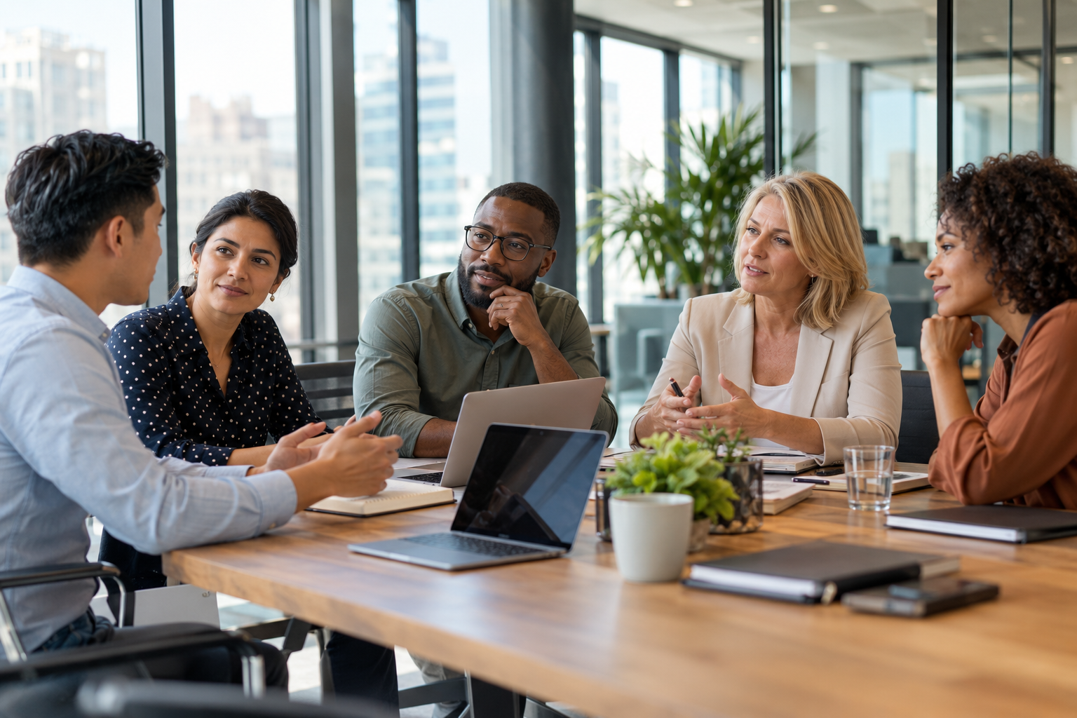 HR professionals collaborating with employees in a modern workplace